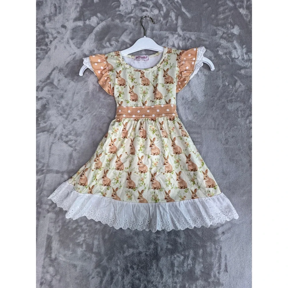 Bunny Print Dress Peach Polka Dot Ruffle Sleeve Easter Spring Kids 4T